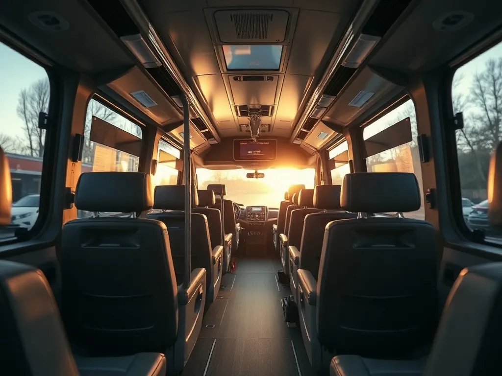 Interior of a modern luxury bus, clean lines, comfortable se
