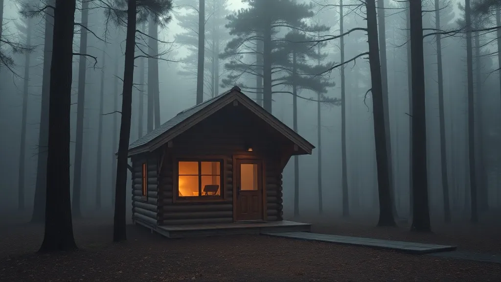 A small wooden cabin in a misty forest, atmospheric lighting