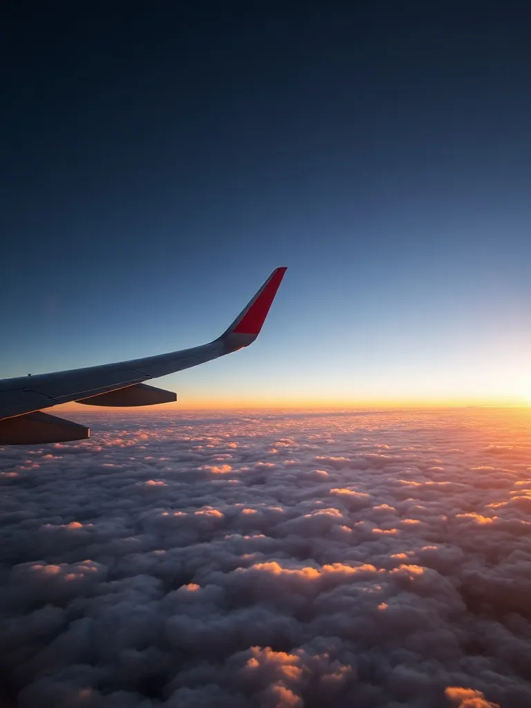 A professional wide shot of an airplane wing above clouds du