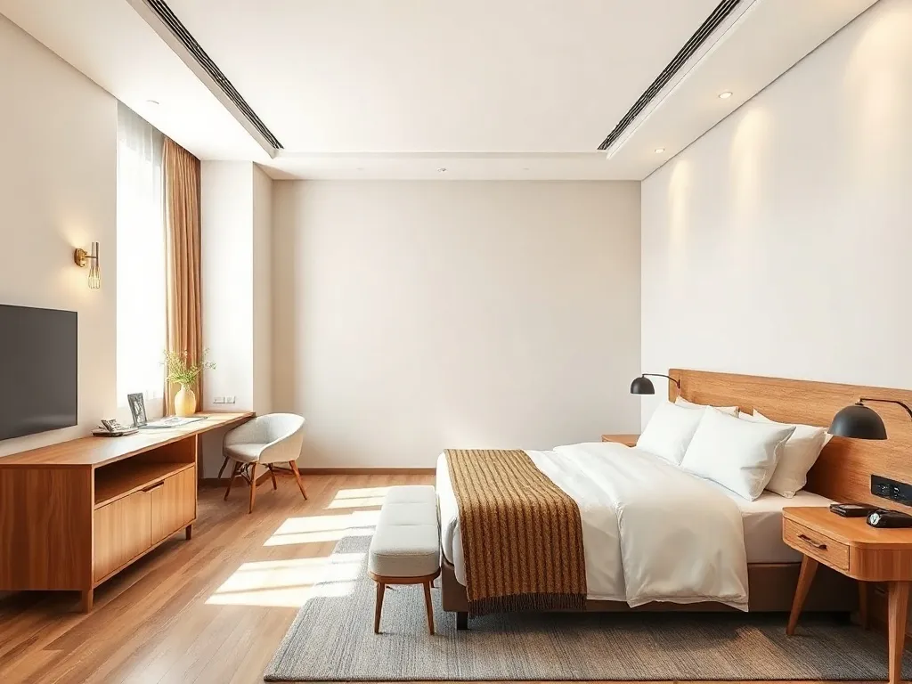 A minimalist modern hotel room interior with clean lines, so