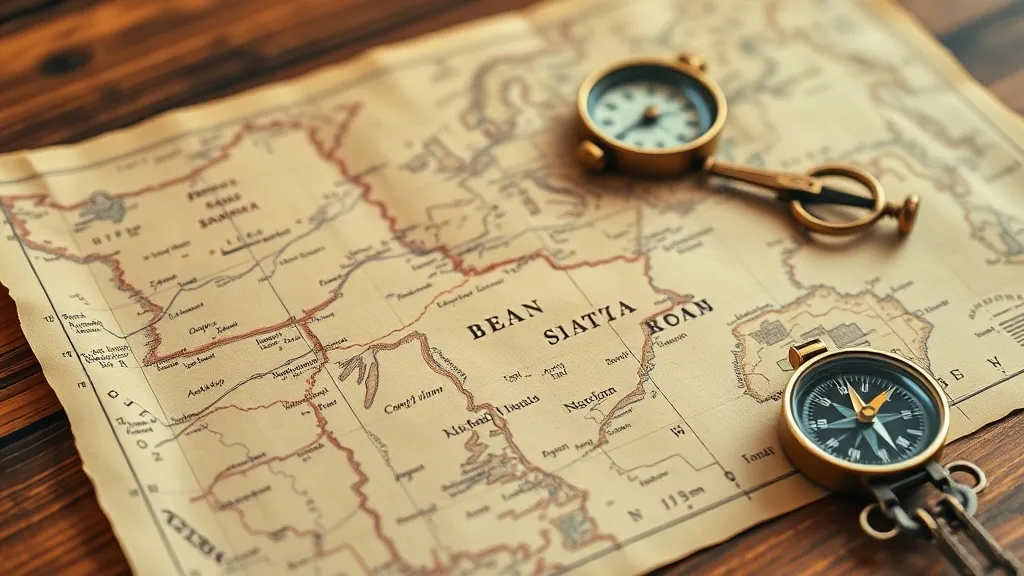 A close up of a vintage paper map and a compass on a wooden