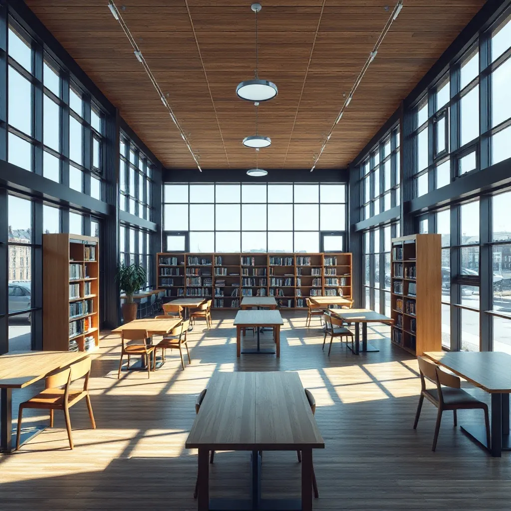 A high-quality wide shot of a modern library with large wind