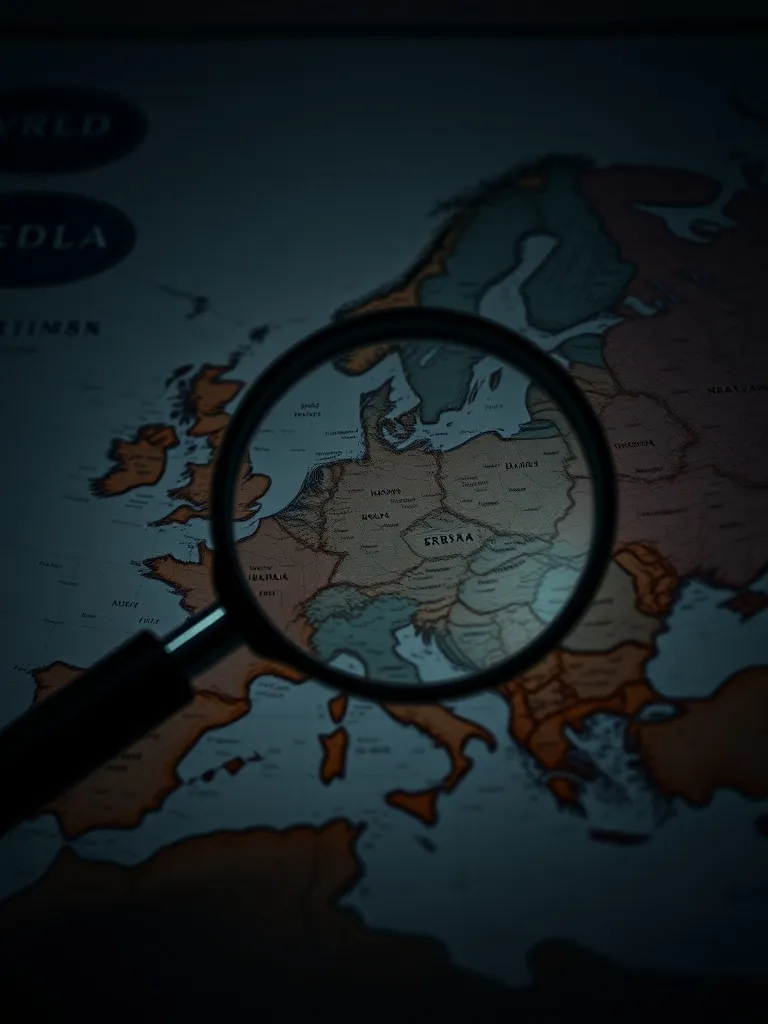 Close up of a world atlas map with a magnifying glass over E