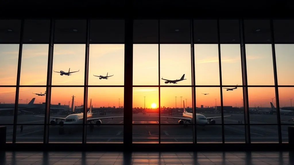 A modern airport terminal through a large window, silhouette