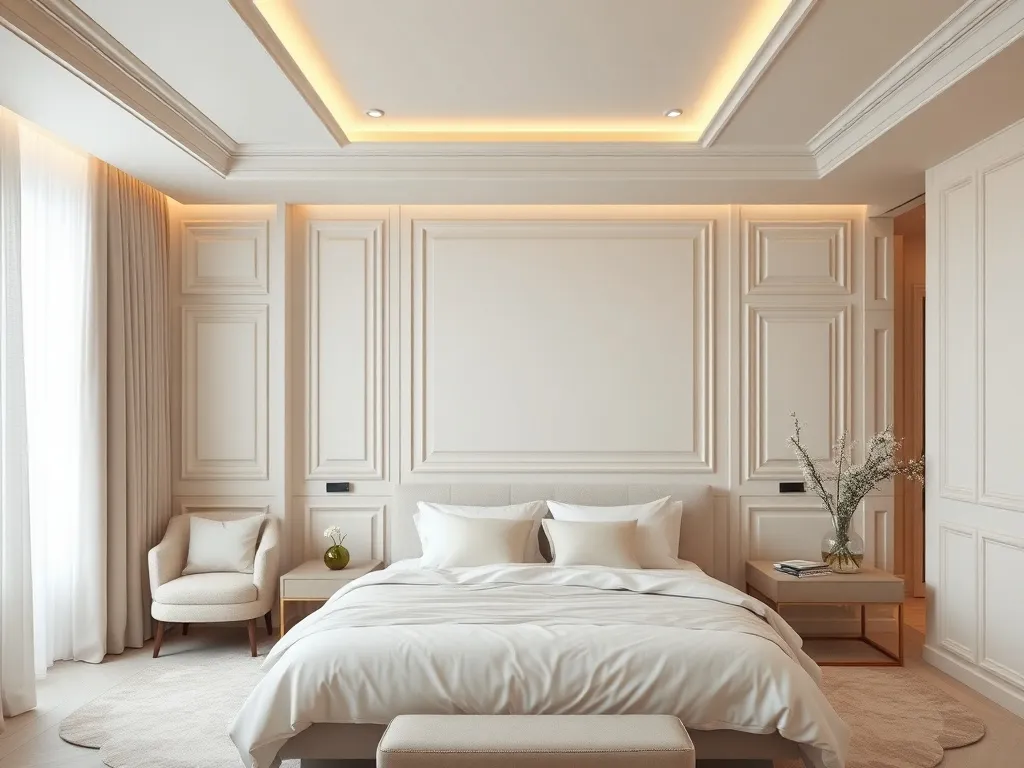 Interior of a minimalist luxury hotel room, neutral colors,