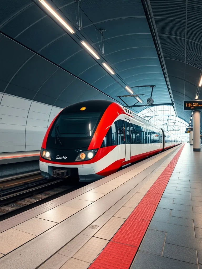 A modern high-speed train at a platform in a minimalist Euro