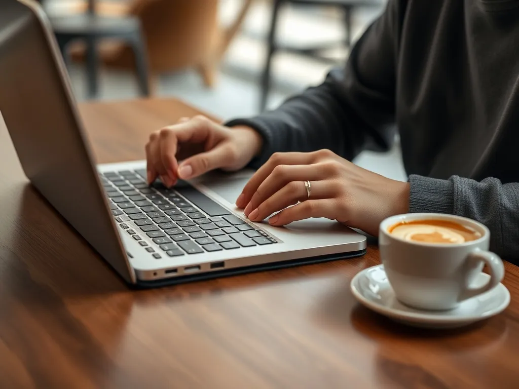 Close up of a person typing on a laptop in a cafe, notebook