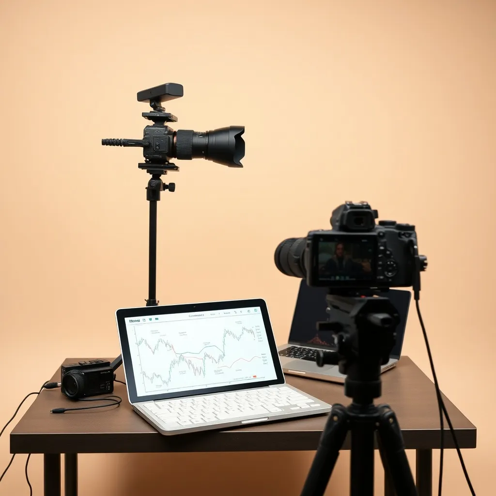 A professional studio setup for a travel vlogger, camera on